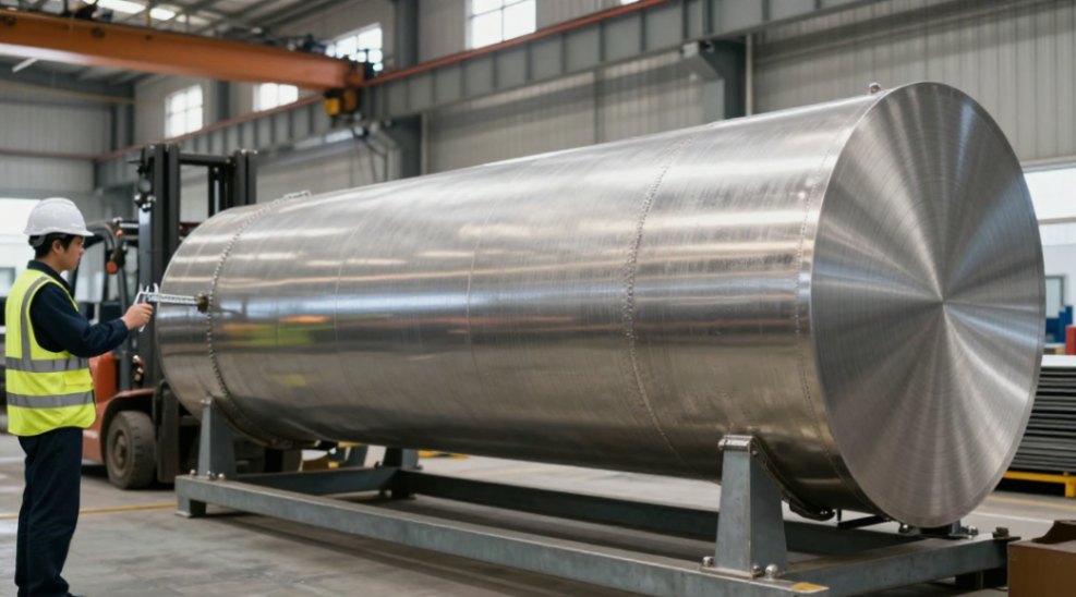 Custom-sized explosion-bonded stainless steel dryer shell minimizes weld seams for large paper machines.