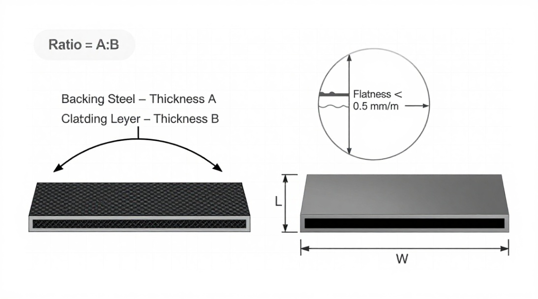 Figure 4: Custom thickness ratio (backing to cladding), dimensional control, and flatness tolerance requirements for pressure vessel lining plates.