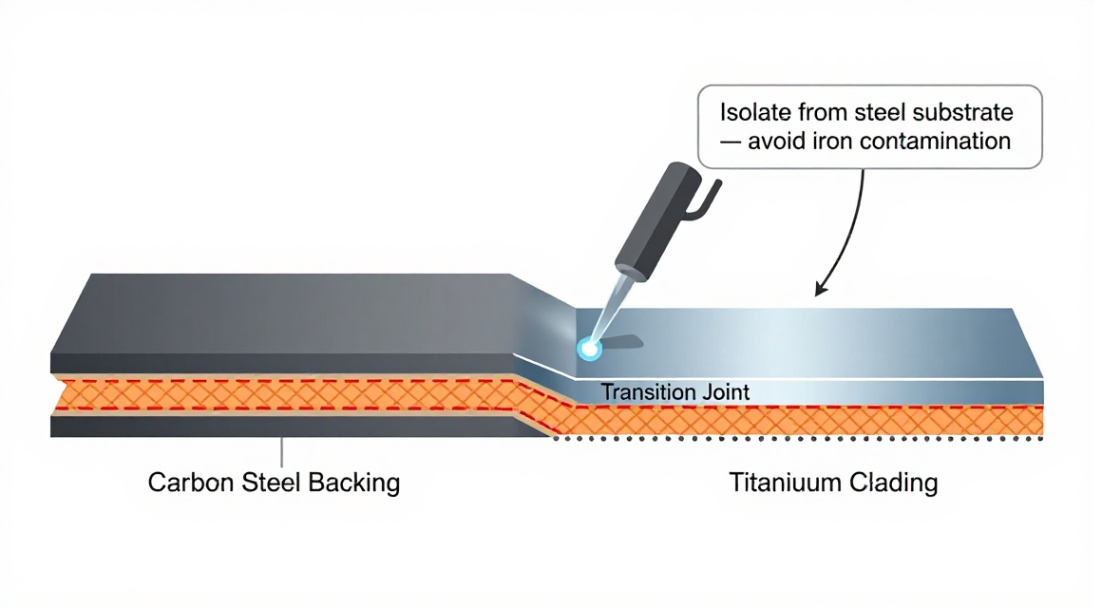 Figure 2: Proper welding sequence using a transition joint to isolate titanium cladding from carbon steel substrate.